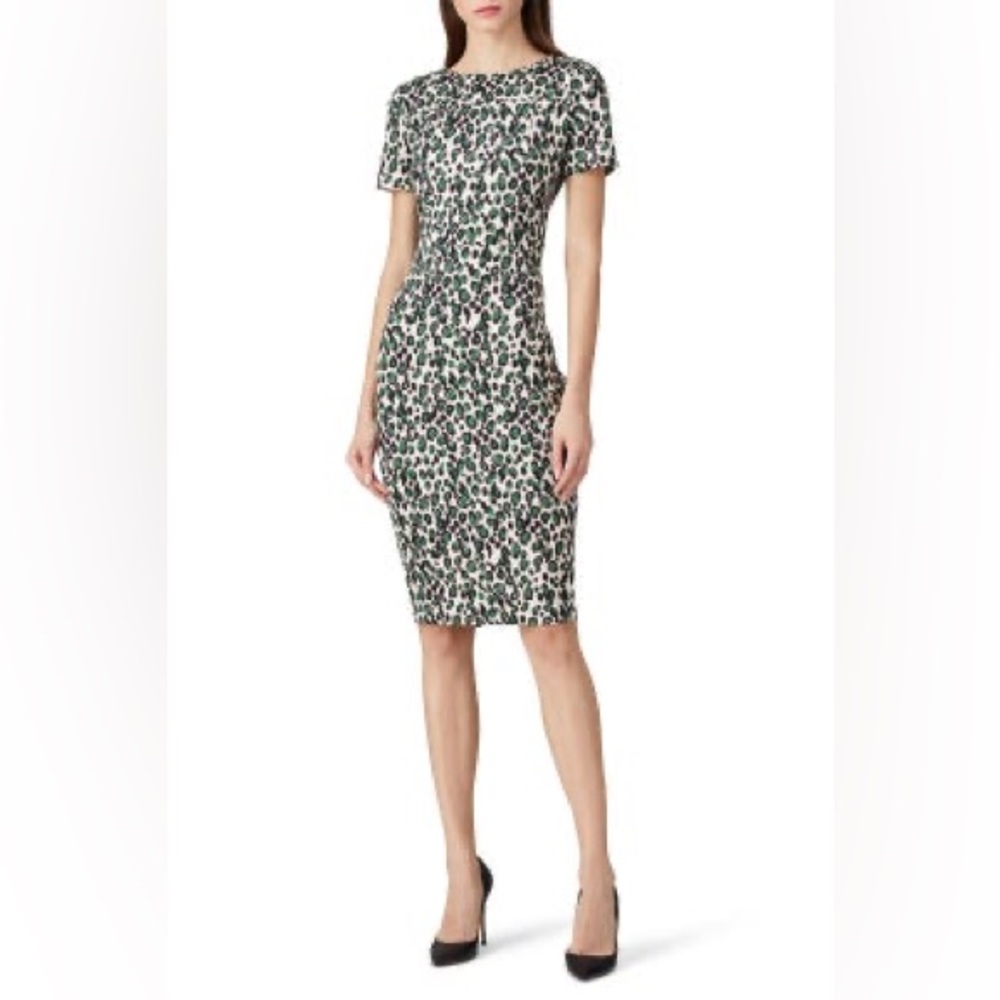 Alexia Admor Dress- Green leopard scuba sheath- small short sleeve dress